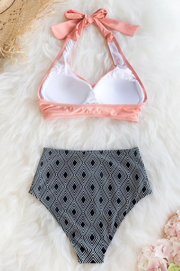 Women Bikini Sets Cupshe Pink Twisted Halter Bikini With Geometric Print High Waisted Bottom Multicolor