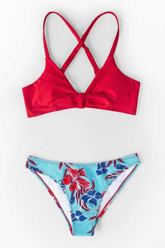 Women Bikini Sets Cupshe Red And Floral Print Low Waisted Bikini Multicolor