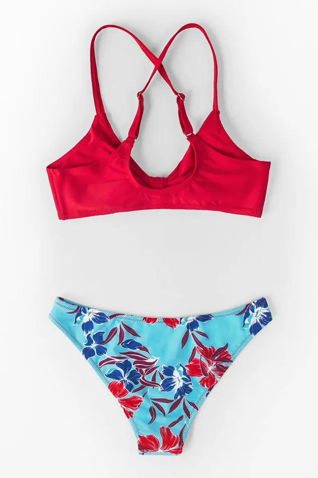 Women Bikini Sets Cupshe Red And Floral Print Low Waisted Bikini Multicolor