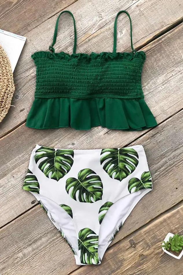 Women Bikini Sets Cupshe Smocked Green And Monstera High Waisted Bikini Greenwhite