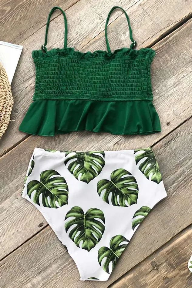 Women Bikini Sets Cupshe Smocked Green And Monstera High Waisted Bikini Greenwhite