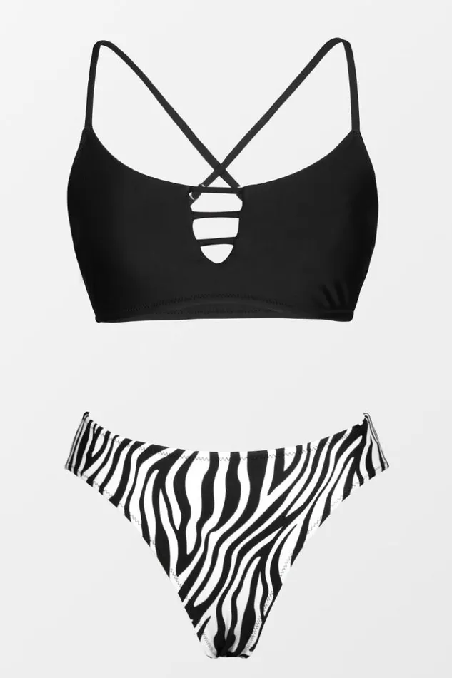 Women Bikini Sets Cupshe Stella Hollow Out Criss Cross Zebra Print Bikini Blackwhite