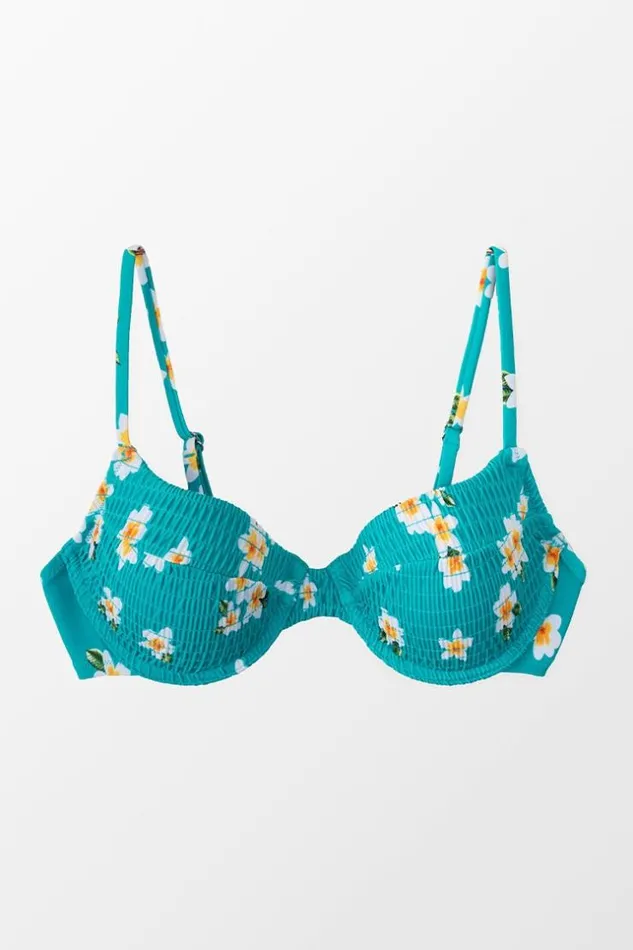 Women Bikini Tops Cupshe Miracle Aqua Floral Smocked Bikini Top Aqua