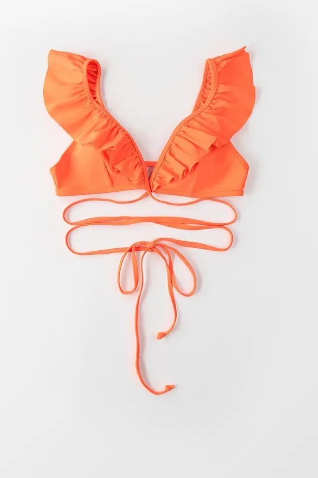 Women Bikini Tops Cupshe Neon Orange Ruffle Shoulder Bikini Top Neon Orange