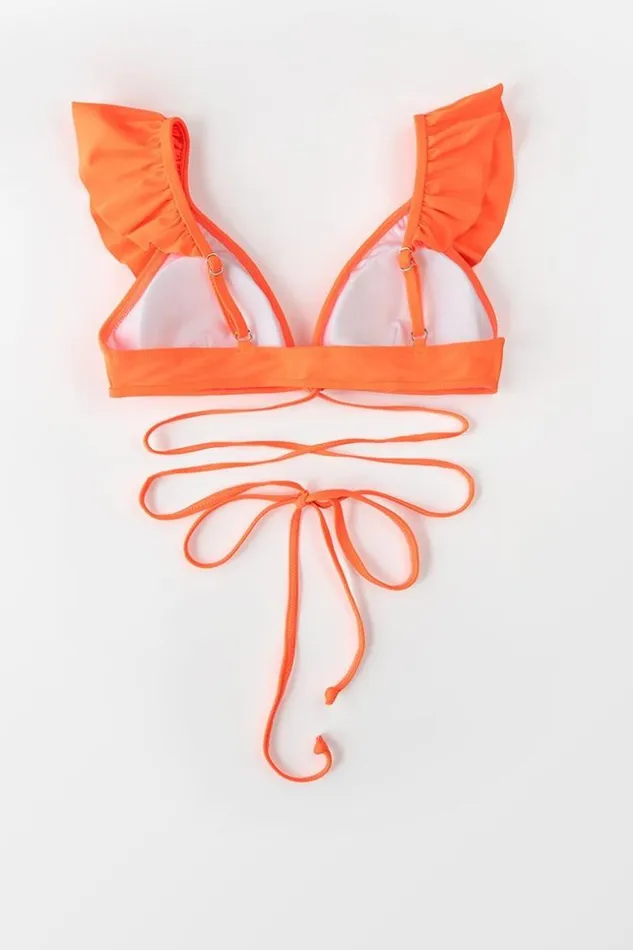 Women Bikini Tops Cupshe Neon Orange Ruffle Shoulder Bikini Top Neon Orange
