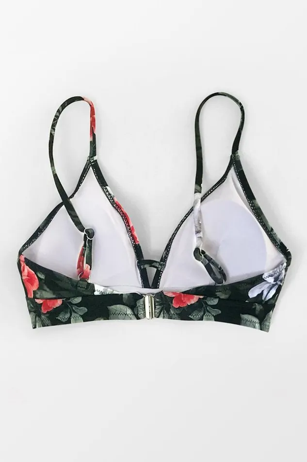 Women Bikini Tops Cupshe Red Floral VNeck Bikini Top Multicolor