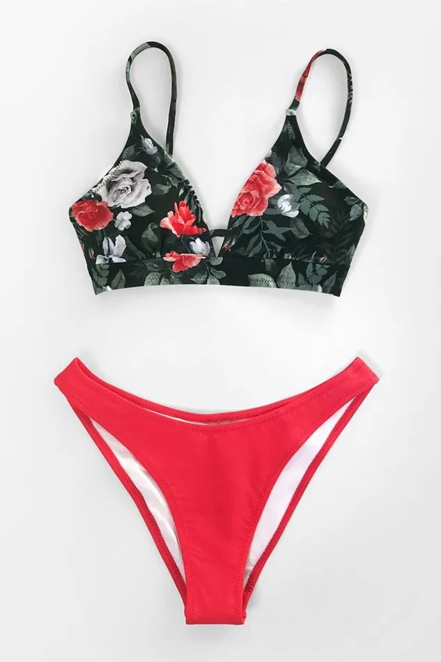 Women Bikini Tops Cupshe Red Floral VNeck Bikini Top Multicolor