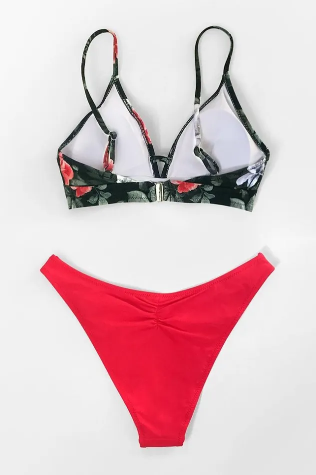 Women Bikini Tops Cupshe Red Floral VNeck Bikini Top Multicolor