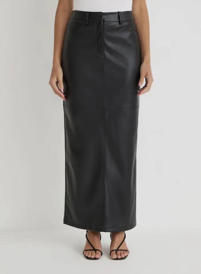 Women Black Faux Leather Maxi Skirt Karmin 4th and Reckless Skirts