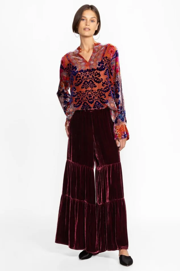 Women Black Velvet Tiered Wide Leg Pant Dark Spice Johnny Was Bottoms