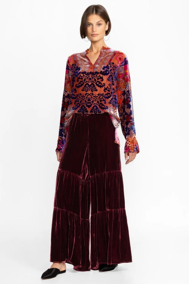 Women Black Velvet Tiered Wide Leg Pant Dark Spice Johnny Was Bottoms Women Black Velvet Tiered Wide Leg Pant Dark Spice Johnny Was Bottoms