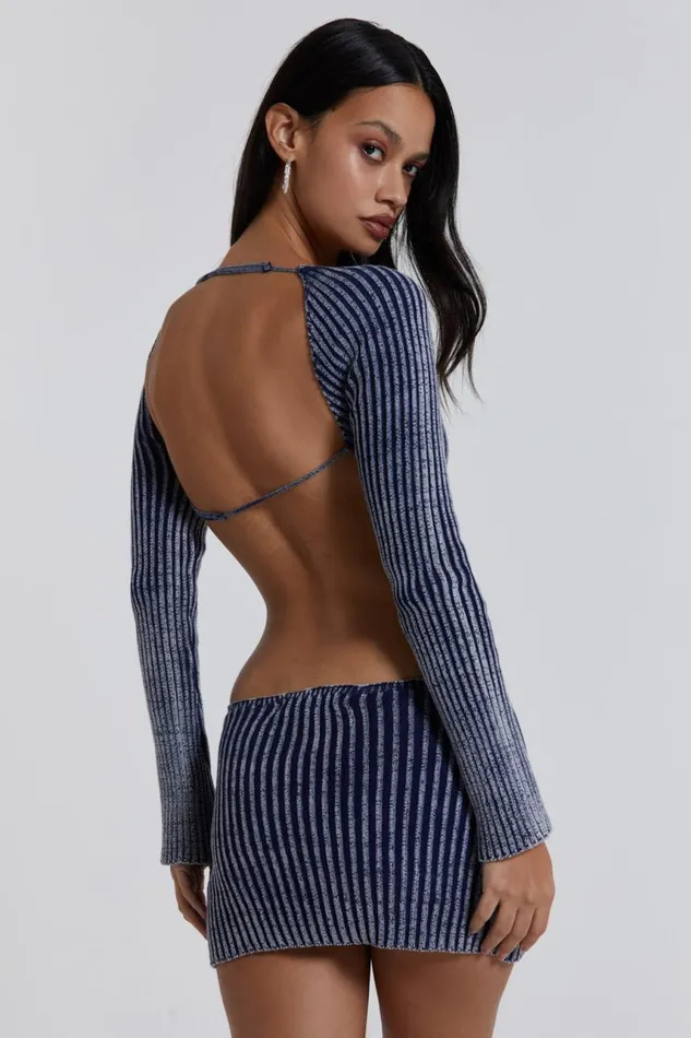 Women Blue Metallic Knitted Backless Mini Dress With Front Keyhole Detail Jaded London Knitwear Women Blue Metallic Knitted Backless Mini Dress With Front Keyhole Detail Jaded London Knitwear
