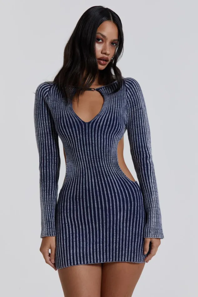 Women Blue Metallic Knitted Backless Mini Dress With Front Keyhole Detail Jaded London Knitwear