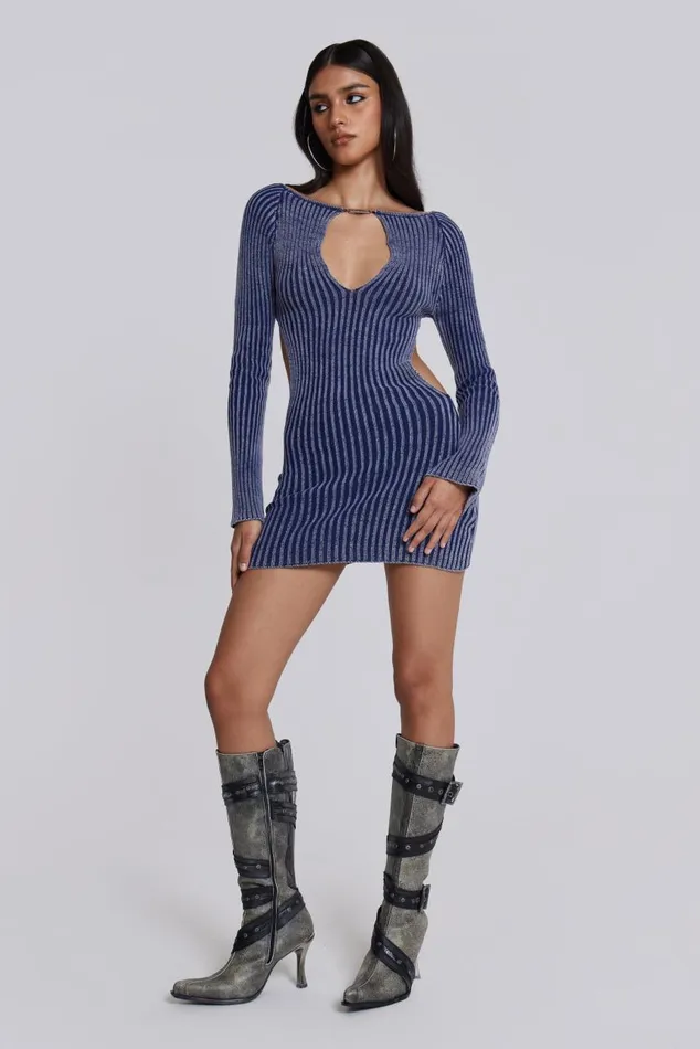 Women Blue Metallic Knitted Backless Mini Dress With Front Keyhole Detail Jaded London Knitwear