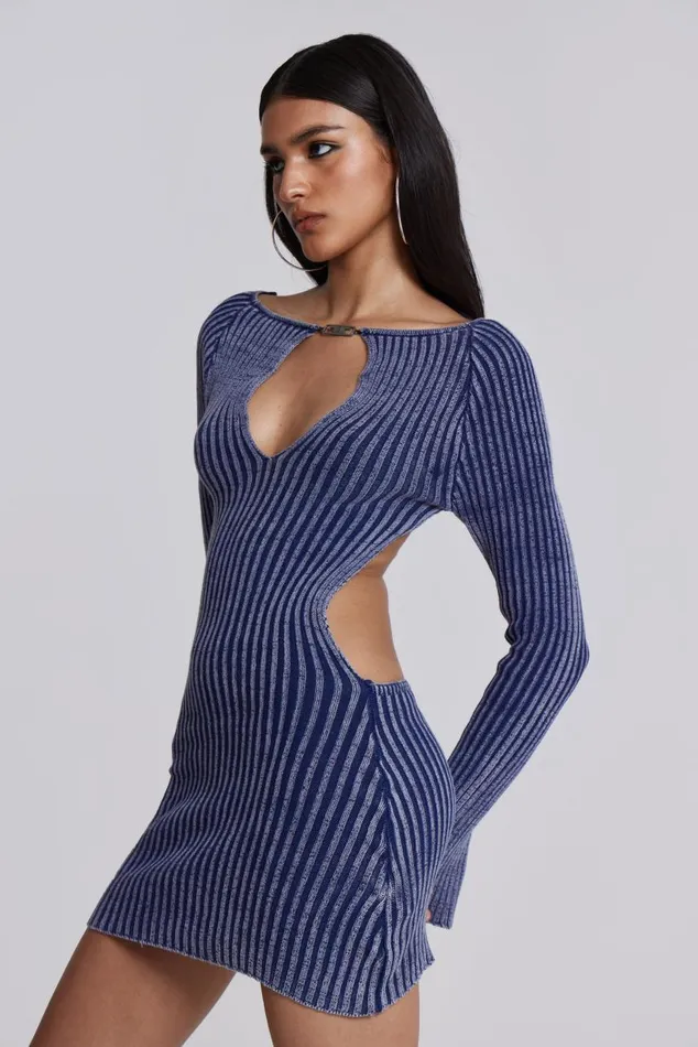 Women Blue Metallic Knitted Backless Mini Dress With Front Keyhole Detail Jaded London Knitwear