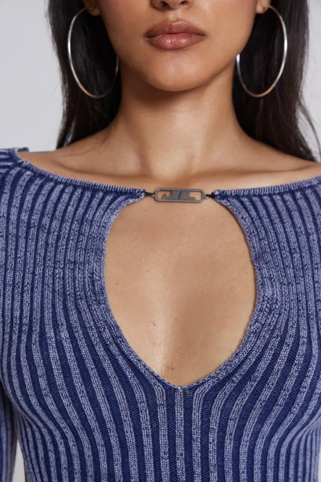 Women Blue Metallic Knitted Backless Mini Dress With Front Keyhole Detail Jaded London Knitwear