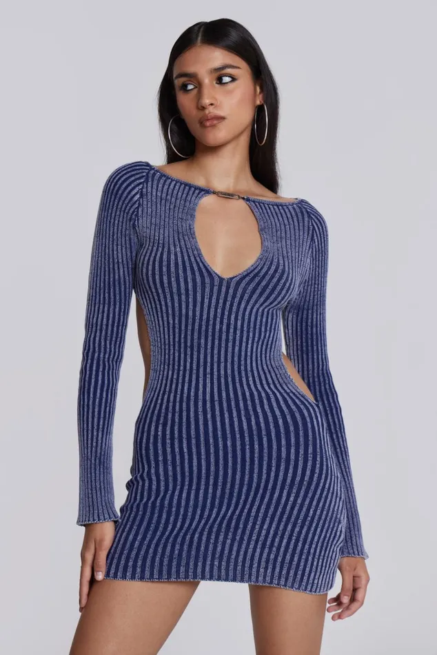 Women Blue Metallic Knitted Backless Mini Dress With Front Keyhole Detail Jaded London Knitwear