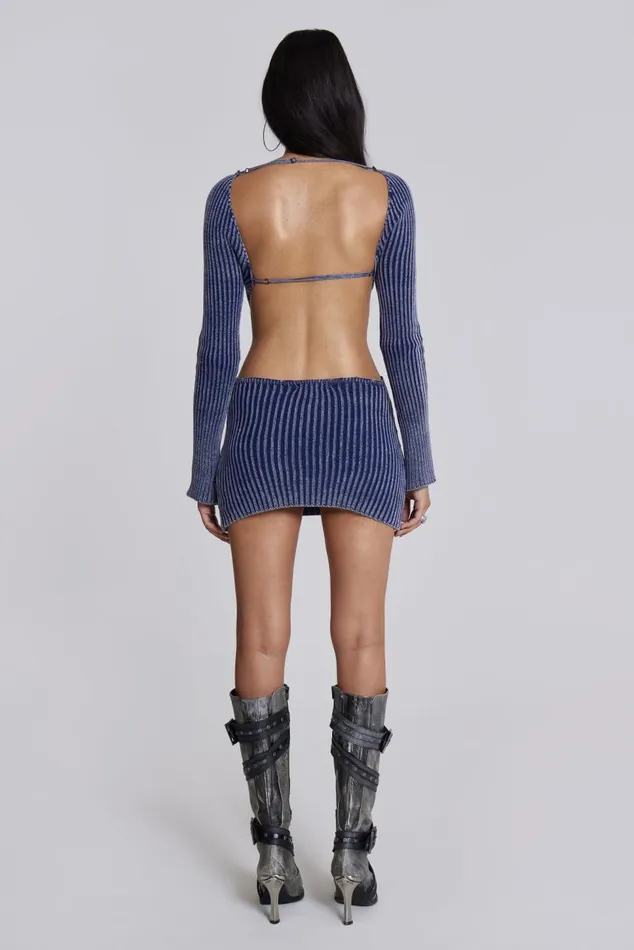 Women Blue Metallic Knitted Backless Mini Dress With Front Keyhole Detail Jaded London Knitwear