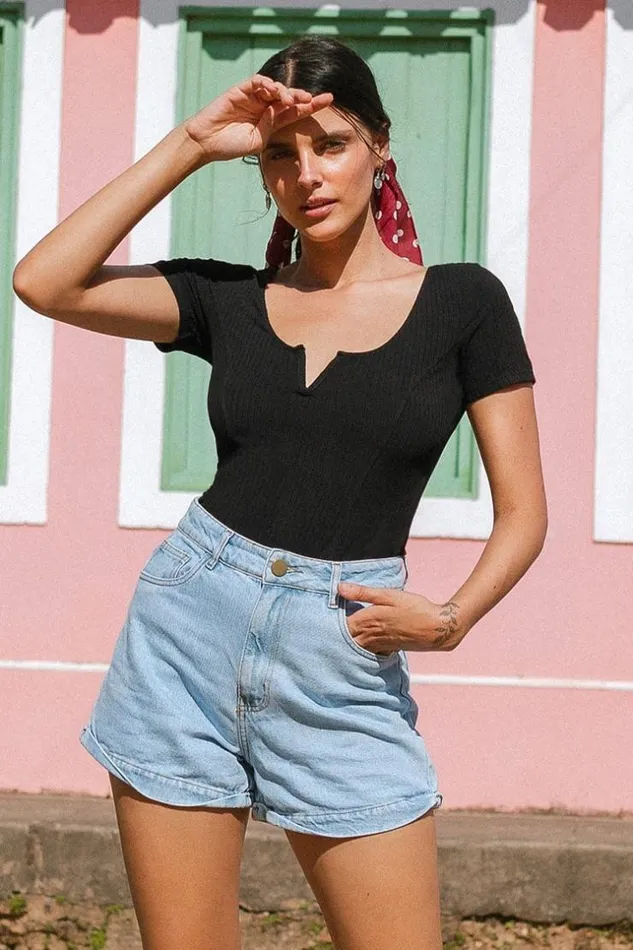 Women Bodysuits Cupshe Evelynn Scoop Neck Middle Cut Bodysuit Black