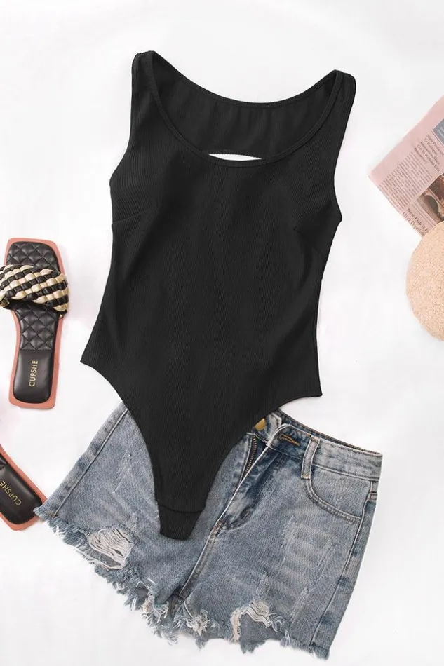 Women Bodysuits Cupshe Tessa Rib Cutout Bodysuit Black