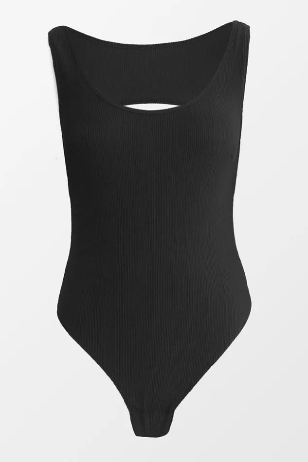 Women Bodysuits Cupshe Tessa Rib Cutout Bodysuit Black