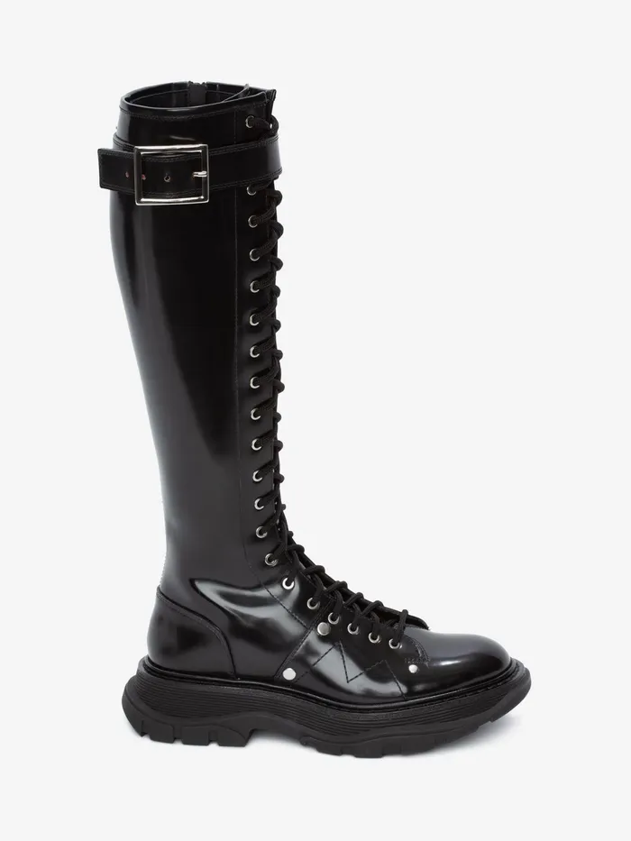 Women Boots Alexander McQueen Tread Slick KneeHigh Boot Blacksilver