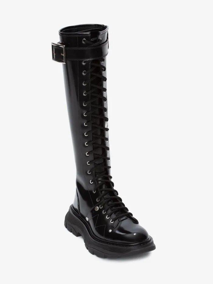 Women Boots Alexander McQueen Tread Slick KneeHigh Boot Blacksilver