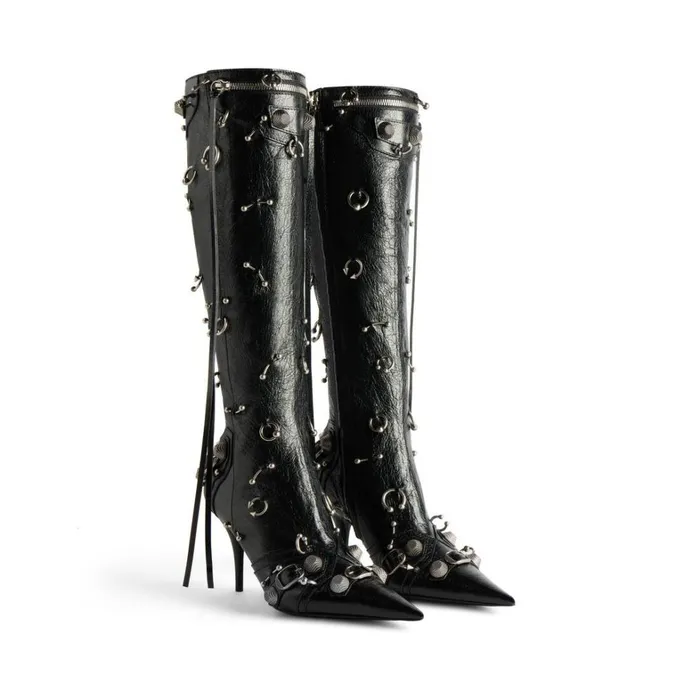 Women Boots and Ankle Boots Balenciaga Cagole 90mm Boot With Piercings In Black