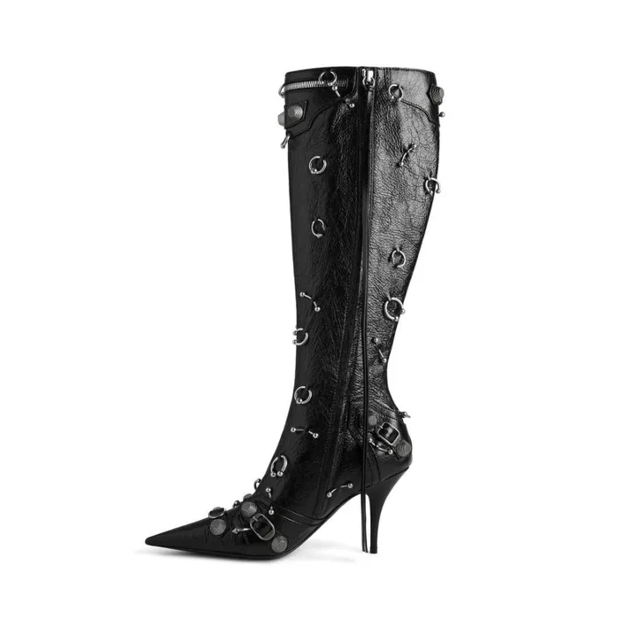 Women Boots and Ankle Boots Balenciaga Cagole 90mm Boot With Piercings In Black