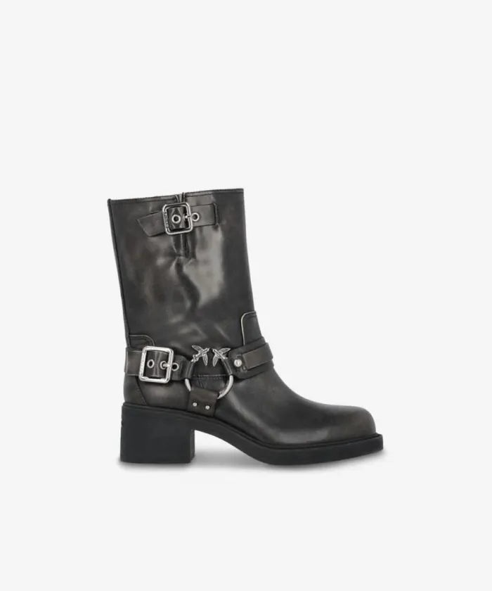Women Boots Pinko Calfhigh Leather Biker Boots With Buckles Limo Black