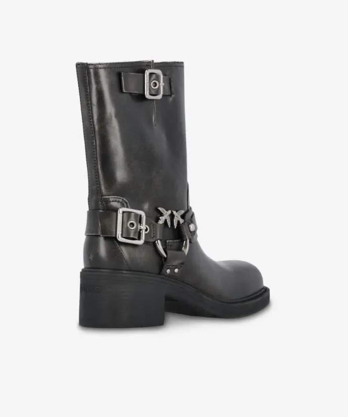 Women Boots Pinko Calfhigh Leather Biker Boots With Buckles Limo Black Women Boots Pinko Calfhigh Leather Biker Boots With Buckles Limo Black