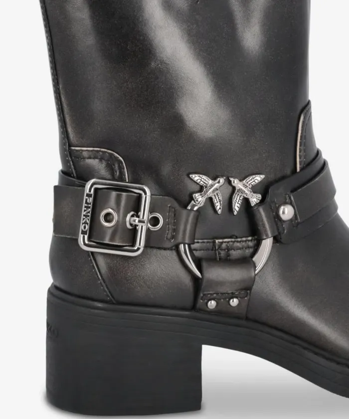 Women Boots Pinko Calfhigh Leather Biker Boots With Buckles Limo Black Women Boots Pinko Calfhigh Leather Biker Boots With Buckles Limo Black