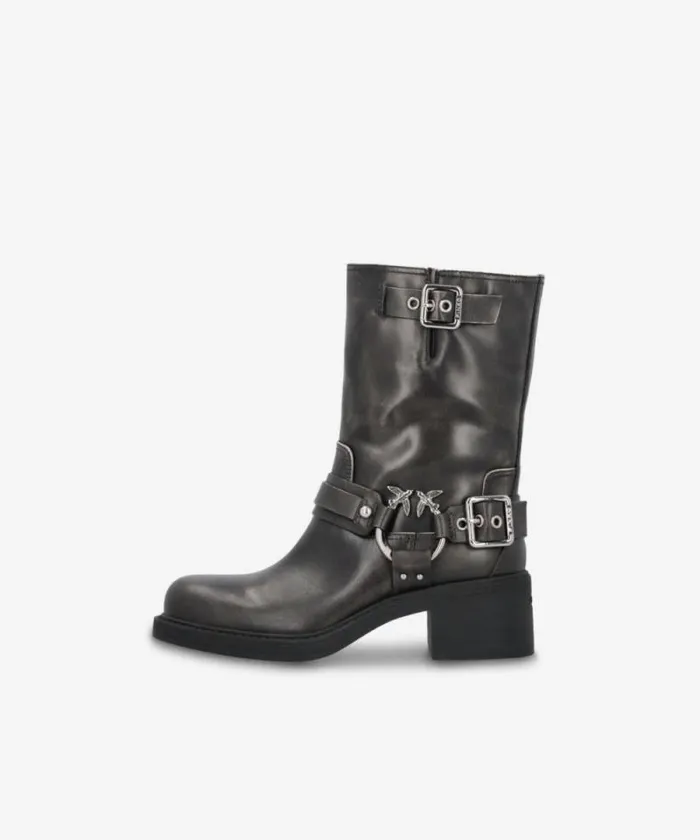 Women Boots Pinko Calfhigh Leather Biker Boots With Buckles Limo Black Women Boots Pinko Calfhigh Leather Biker Boots With Buckles Limo Black