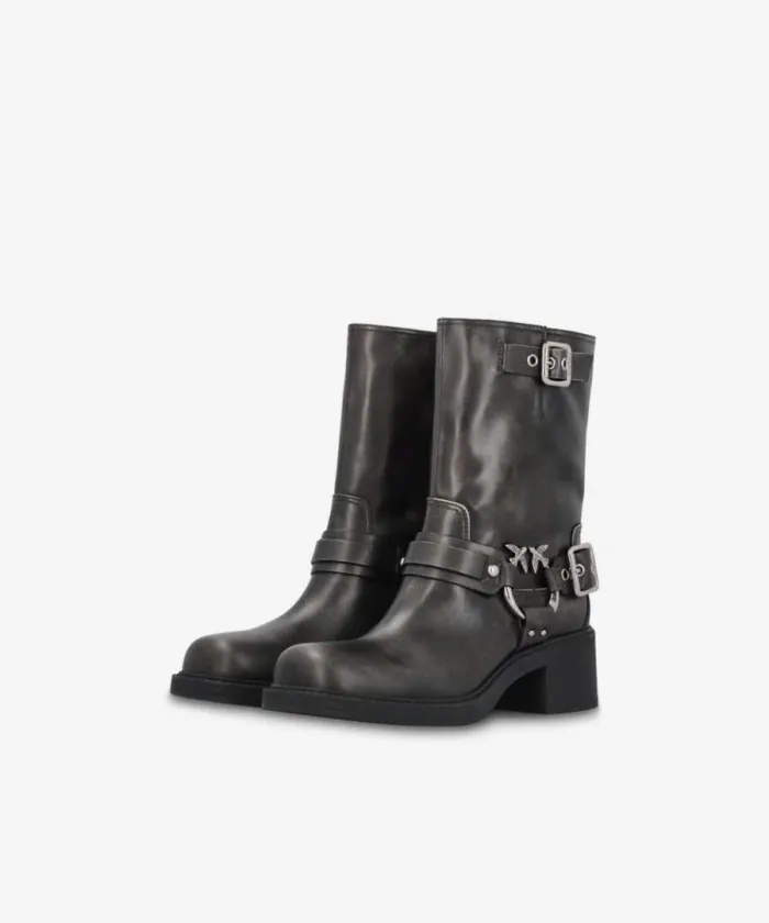 Women Boots Pinko Calfhigh Leather Biker Boots With Buckles Limo Black Women Boots Pinko Calfhigh Leather Biker Boots With Buckles Limo Black