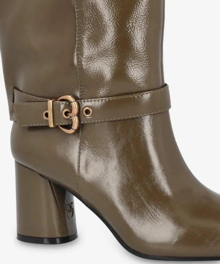 Women Boots Pinko Heeled High Boots In Bright Nappa Leather Army Green Women Boots Pinko Heeled High Boots In Bright Nappa Leather Army Green