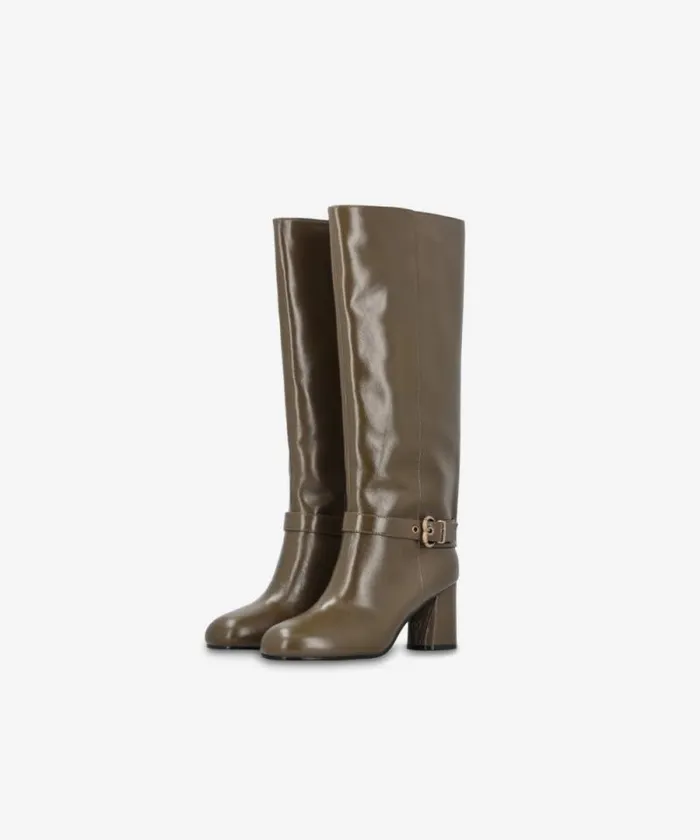 Women Boots Pinko Heeled High Boots In Bright Nappa Leather Army Green Women Boots Pinko Heeled High Boots In Bright Nappa Leather Army Green