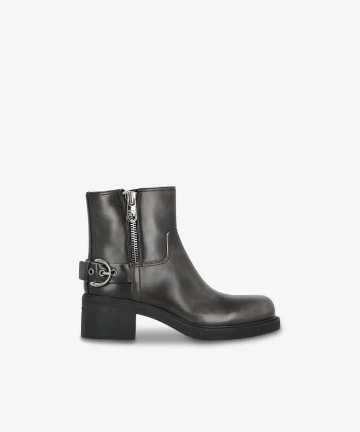 Women Boots Pinko Leather Bikerstyle Ankle Boots With Buckles Limo Black