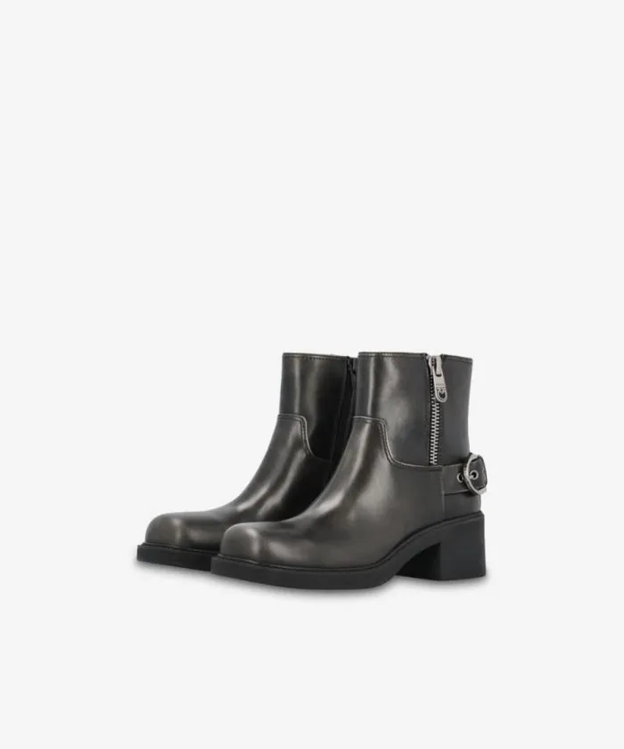 Women Boots Pinko Leather Bikerstyle Ankle Boots With Buckles Limo Black Women Boots Pinko Leather Bikerstyle Ankle Boots With Buckles Limo Black