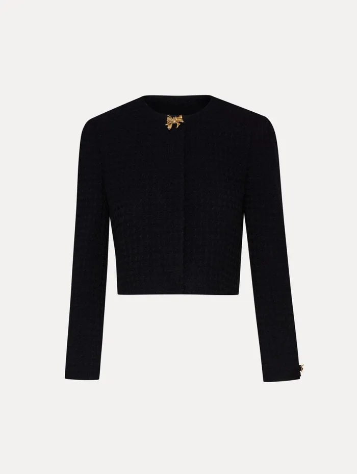 Women Bow Button Tweed Jacket Black Oscar De La Renta Jackets and Coats