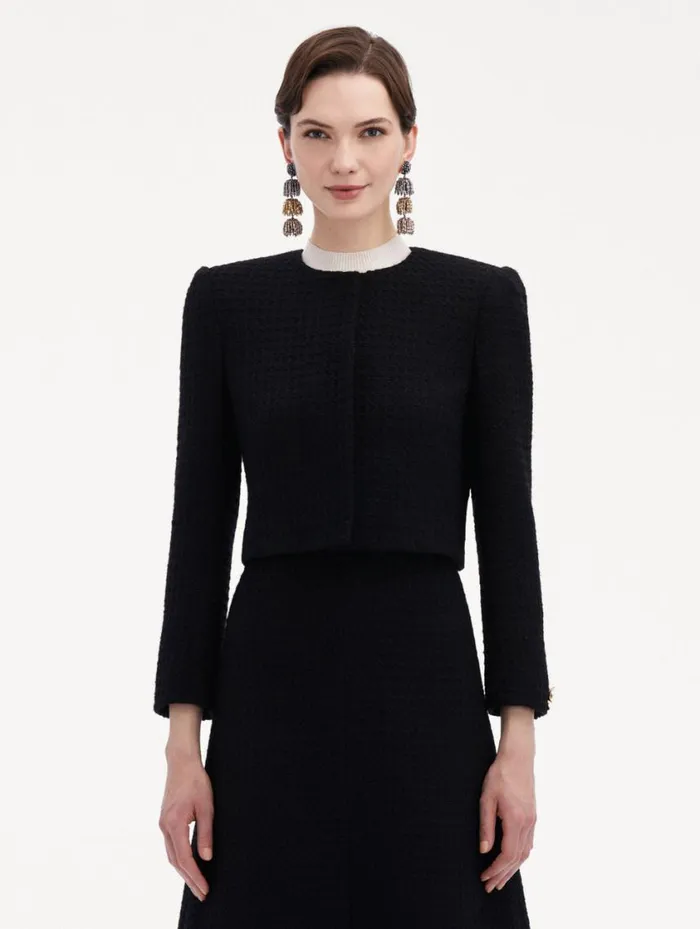 Women Bow Button Tweed Jacket Black Oscar De La Renta Jackets and Coats Women Bow Button Tweed Jacket Black Oscar De La Renta Jackets and Coats