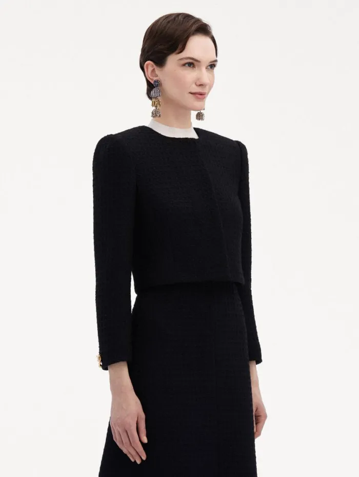 Women Bow Button Tweed Jacket Black Oscar De La Renta Jackets and Coats Women Bow Button Tweed Jacket Black Oscar De La Renta Jackets and Coats