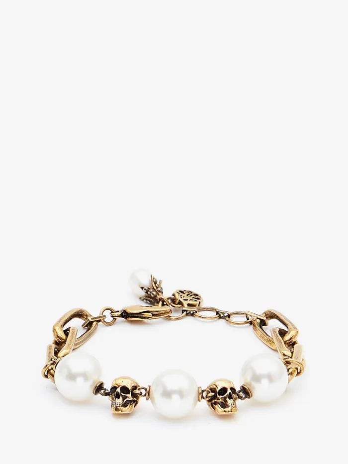 Women Bracelets Alexander McQueen PearlLike Skull Chain Bracelet Antique Gold
