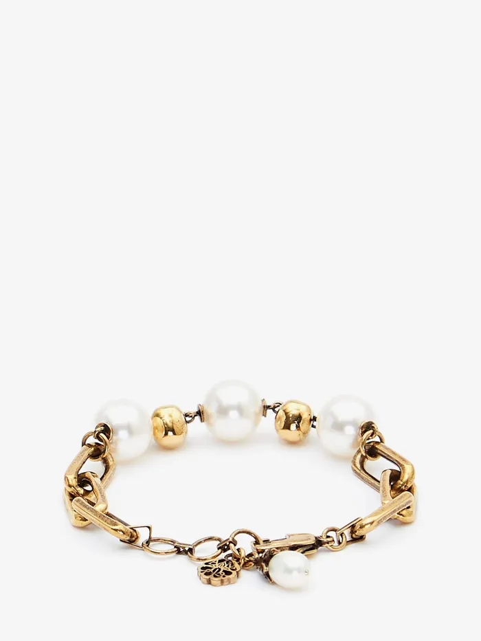 Women Bracelets Alexander McQueen PearlLike Skull Chain Bracelet Antique Gold