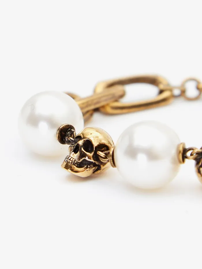 Women Bracelets Alexander McQueen PearlLike Skull Chain Bracelet Antique Gold