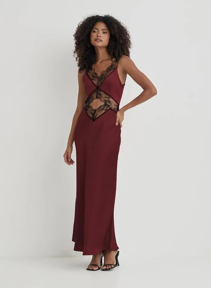 Women Burgundy Satin Lace Slip Dress Kelsey 4th and Reckless Dresses