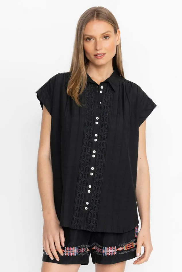 Women BUTTONDOWN TUNIC WITH SHOULDER SHIRRING Black Beauty Johnny Was Tops