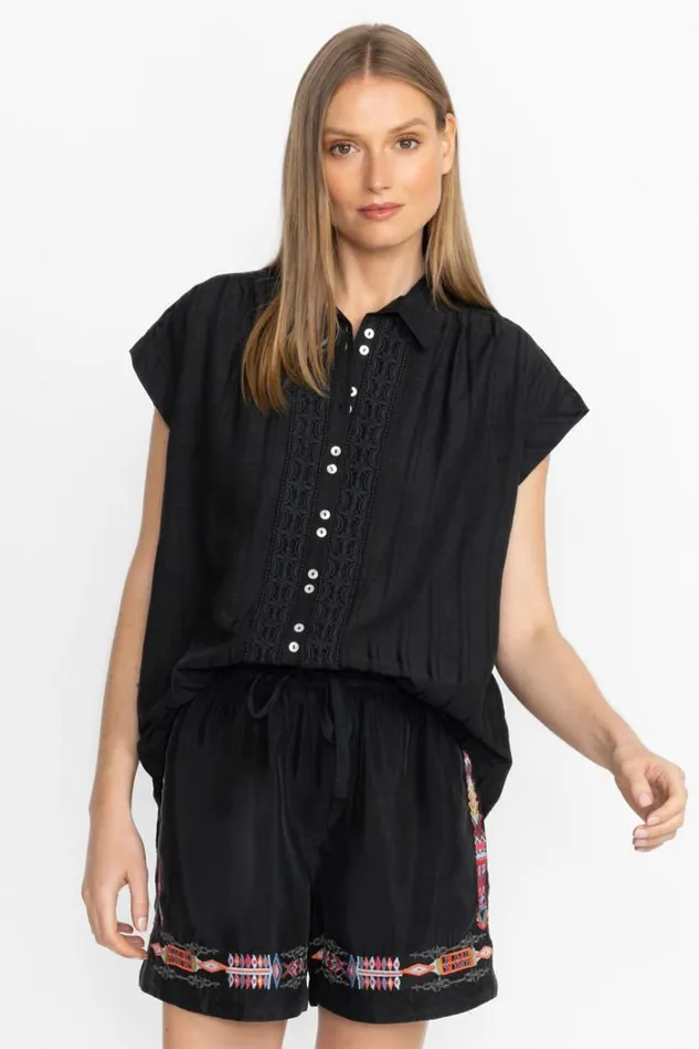 Women BUTTONDOWN TUNIC WITH SHOULDER SHIRRING Black Beauty Johnny Was Tops Women BUTTONDOWN TUNIC WITH SHOULDER SHIRRING Black Beauty Johnny Was Tops