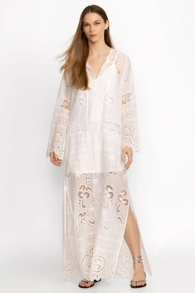 Women CHARLOTTA EYELET SILK MAXI DRESS Antique White Johnny Was Dresses