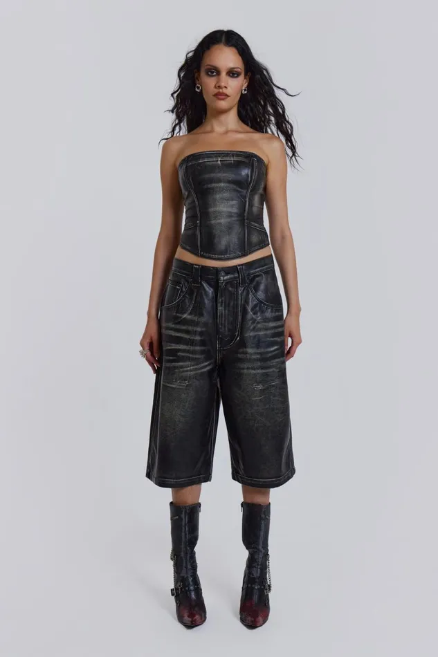 Women Distressed Vegan Leather Corset Top Jaded London CoOrds