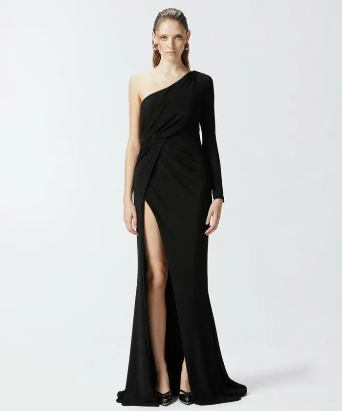 Women Dresses Pinko Elegant Metallic Jersey Dress With Draping Blacklurex Black
